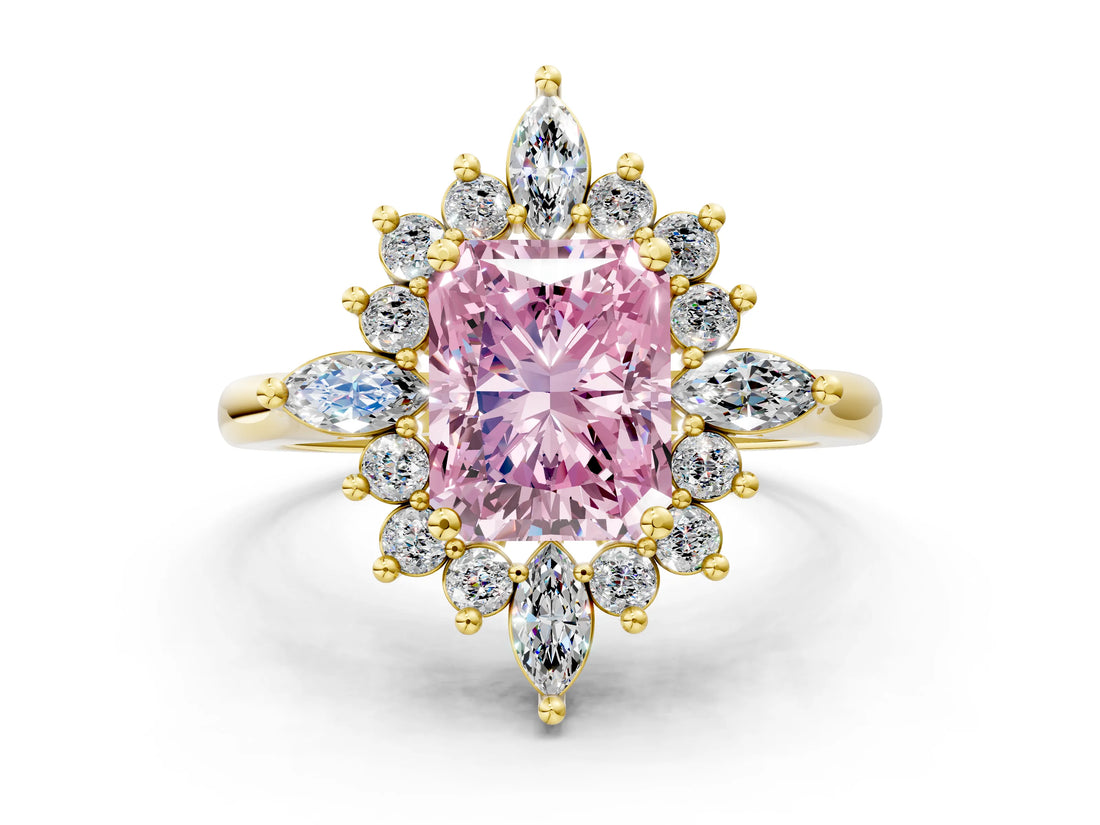 Yellow gold Fancy Pink Radiant Cut Halo Diamond Cluster Ring with Marquise and Round Stones on a White Gold Band with Prong Setting