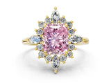 Yellow gold Fancy Pink Radiant Cut Halo Diamond Cluster Ring with Marquise and Round Stones on a White Gold Band with Prong Setting