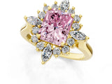 Yellow gold Fancy Pink Radiant Cut Halo Diamond Cluster Ring with Marquise and Round Stones on a White Gold Band with Prong Setting_1