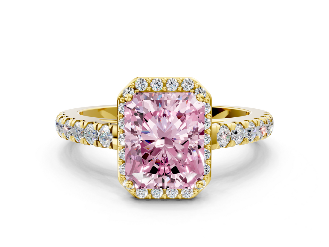 Yellow gold Fancy Pink Radiant  Cut Halo Diamond Engagement Ring with Pave Band and Four-Prong Setting_28