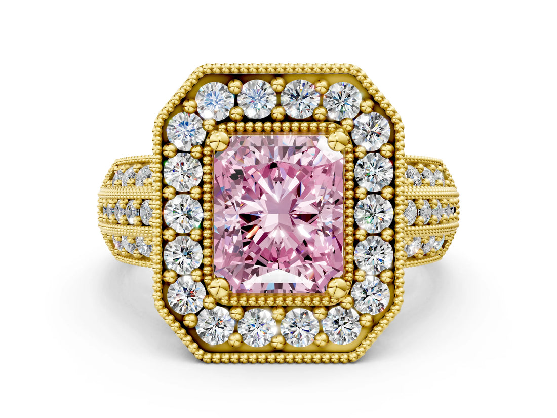 Yellow gold Fancy Pink Radiant Cut Halo Diamond Engagement Ring with Pave Split Shank and Four-Prong Setting