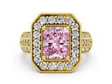 Yellow gold Fancy Pink Radiant Cut Halo Diamond Engagement Ring with Pave Split Shank and Four-Prong Setting