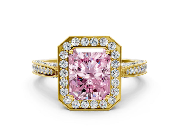 Yellow gold Fancy Pink Radiant Cut Halo Diamond Engagement Ring with Split Shank Band and Four-Prong Setting