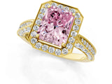 Yellow gold Fancy Pink Radiant Cut Halo Diamond Engagement Ring with Split Shank Band and Four-Prong Setting_1