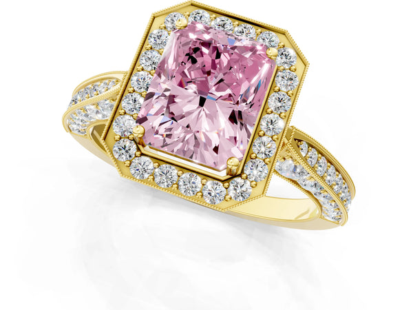 Yellow gold Fancy Pink Radiant Cut Halo Diamond Engagement Ring with Split Shank Band and Four-Prong Setting