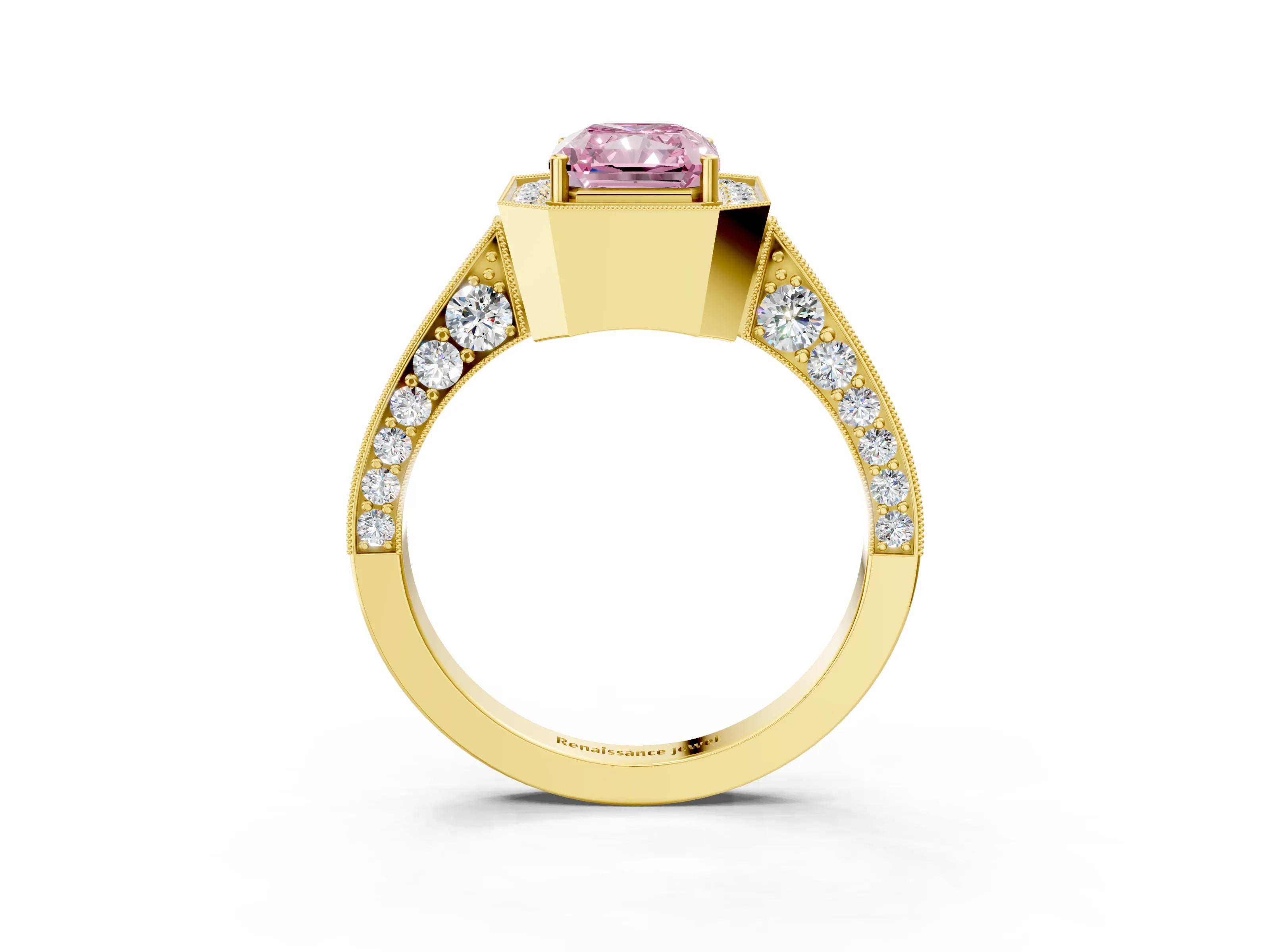 Yellow gold Fancy Pink Radiant Cut Halo Diamond Engagement Ring with Split Shank Band and Four-Prong Setting_3