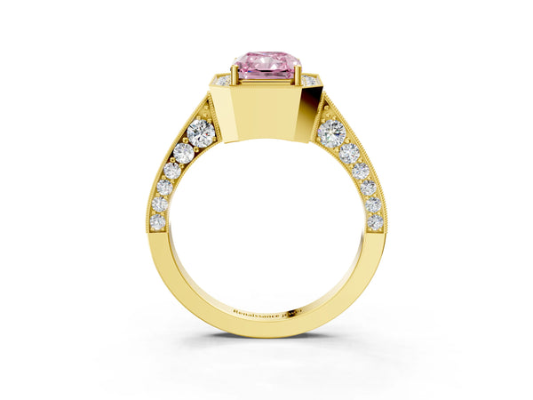 Yellow gold Fancy Pink Radiant Cut Halo Diamond Engagement Ring with Split Shank Band and Four-Prong Setting