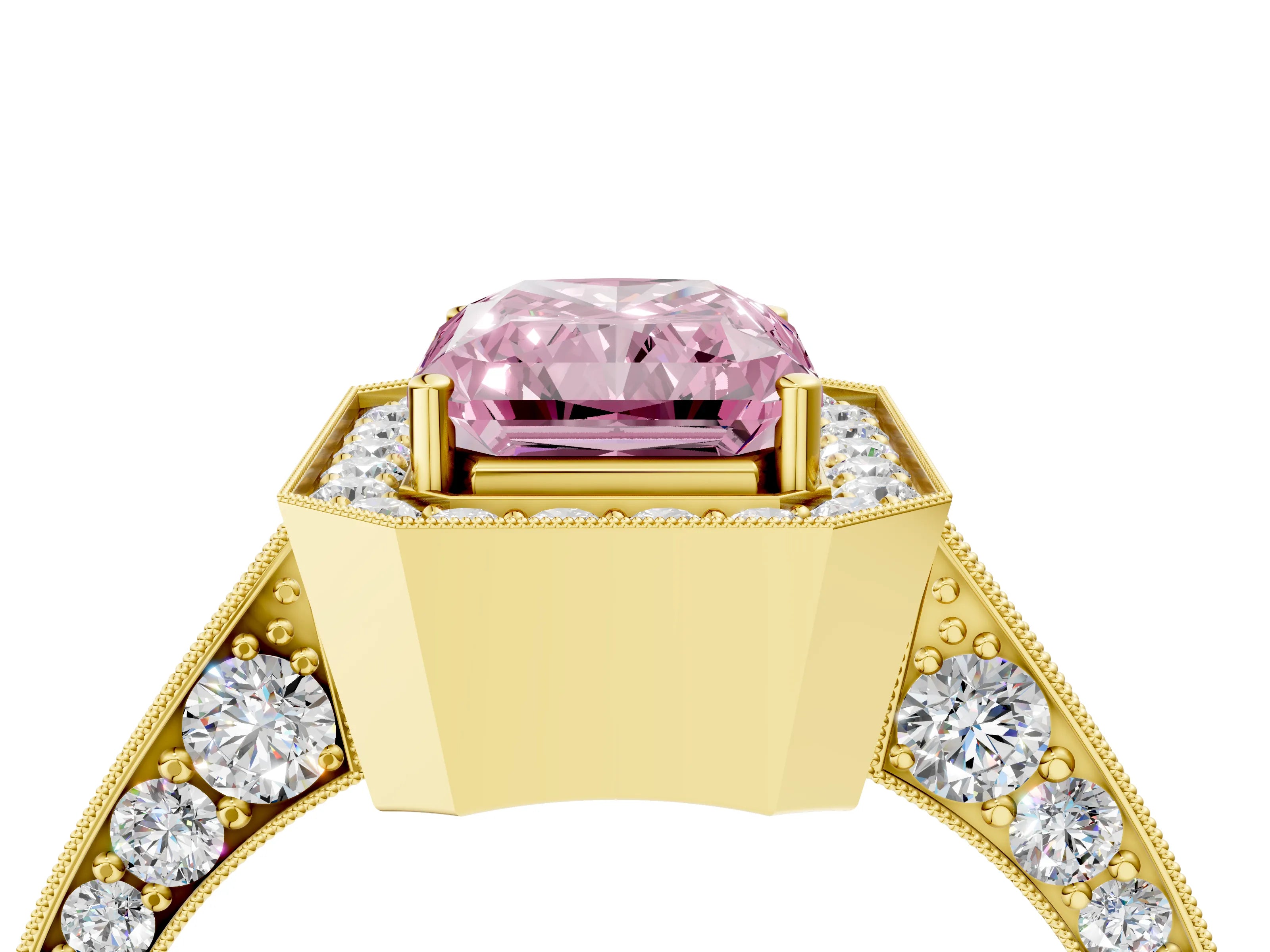 Yellow gold Fancy Pink Radiant Cut Halo Diamond Engagement Ring with Split Shank Band and Four-Prong Setting_4