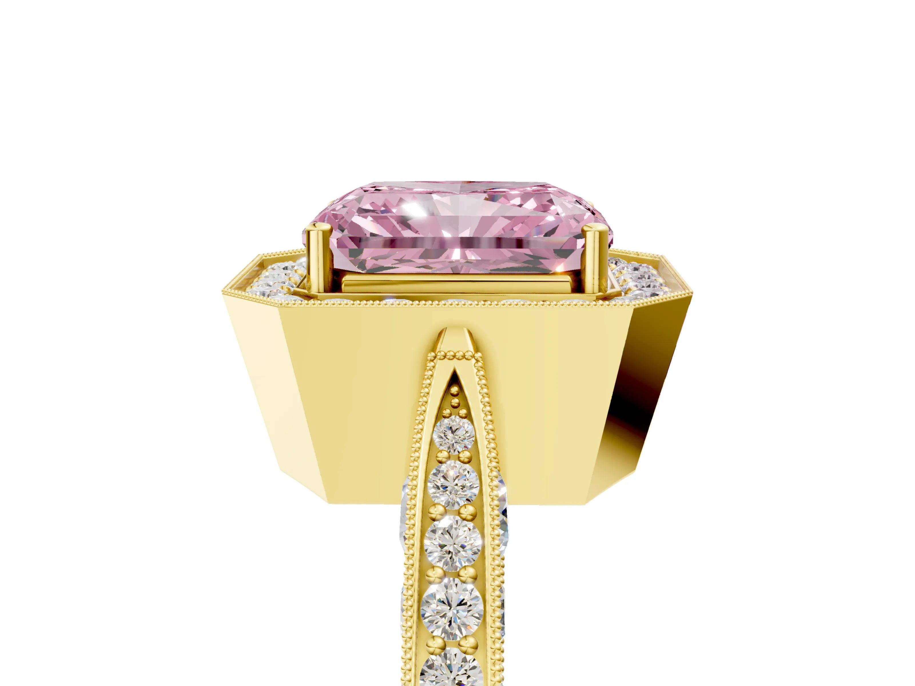 Yellow gold Fancy Pink Radiant Cut Halo Diamond Engagement Ring with Split Shank Band and Four-Prong Setting_5