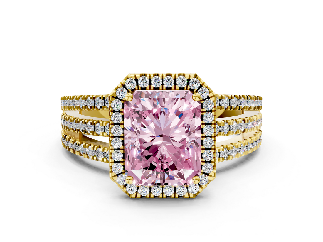 Yellow gold Fancy Pink Radiant  Cut Halo Diamond Engagement Ring with Split Shank and Four-Prong Setting_20