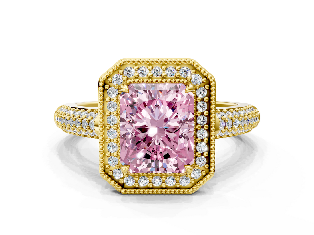 Yellow gold Fancy Pink Radiant  Cut Halo Diamond Pave Band with Four-Prong Setting_38