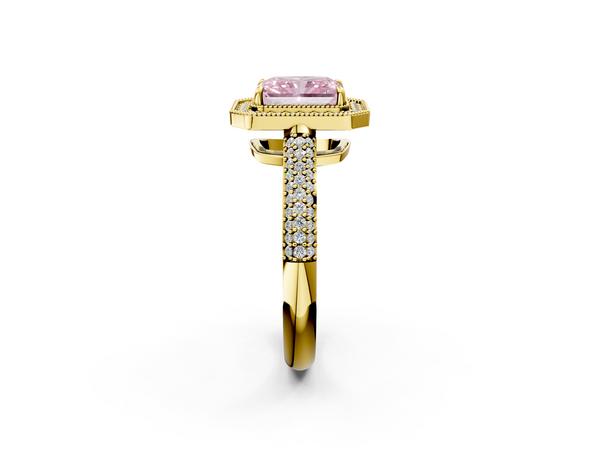 Yellow gold Fancy Pink Radiant  Cut Halo Diamond Pave Band with Four-Prong Setting