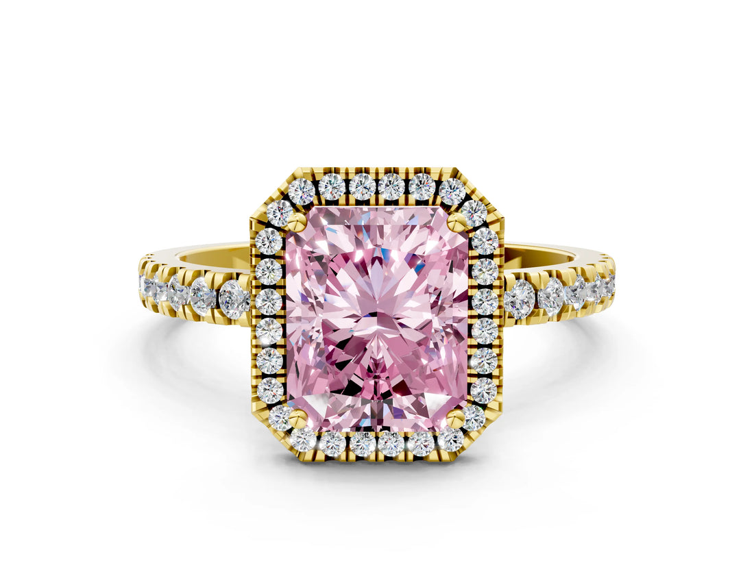 Yellow gold Fancy Pink Radiant Cut Halo Diamond Pave Band with Prong Setting
