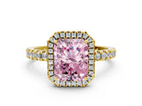 Yellow gold Fancy Pink Radiant Cut Halo Diamond Pave Band with Prong Setting