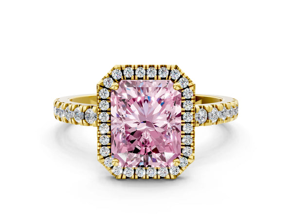 Yellow gold Fancy Pink Radiant Cut Halo Diamond Pave Band with Prong Setting