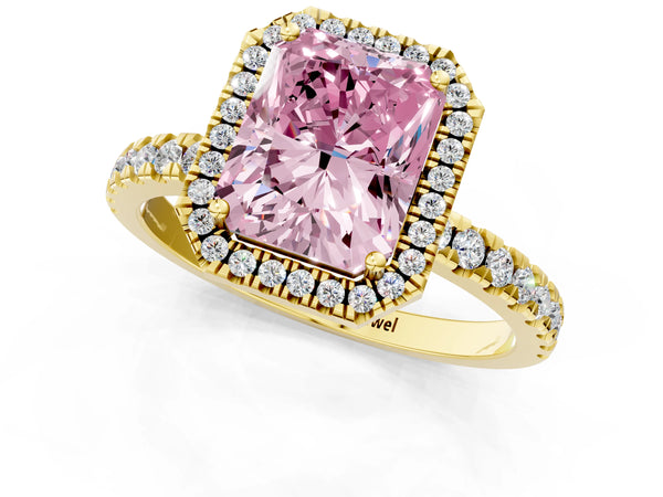 Yellow gold Fancy Pink Radiant Cut Halo Diamond Pave Band with Prong Setting