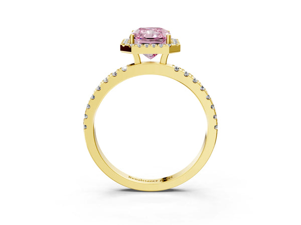 Yellow gold Fancy Pink Radiant Cut Halo Diamond Pave Band with Prong Setting