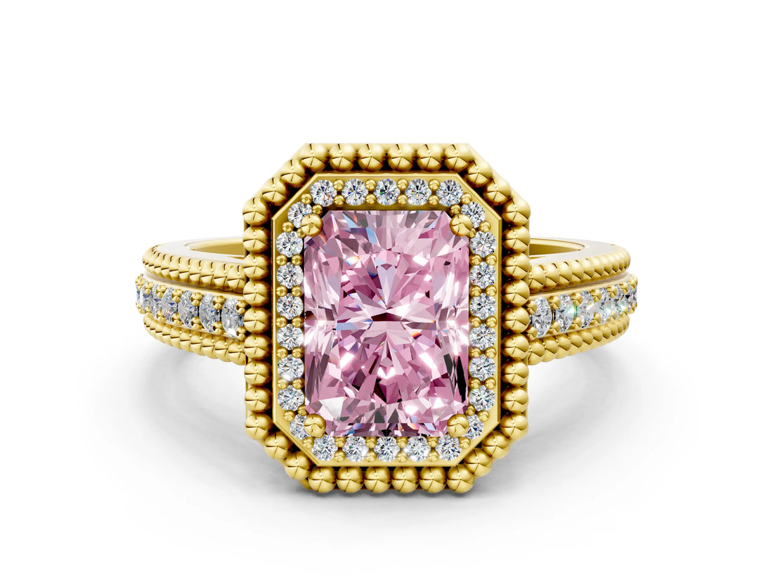 Yellow gold Fancy Pink Radiant Cut Halo Diamond Ring with Beaded Split Shank and Four-Prong Setting