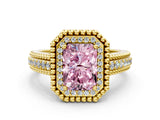 Yellow gold Fancy Pink Radiant Cut Halo Diamond Ring with Beaded Split Shank and Four-Prong Setting