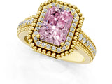 Yellow gold Fancy Pink Radiant Cut Halo Diamond Ring with Beaded Split Shank and Four-Prong Setting_1