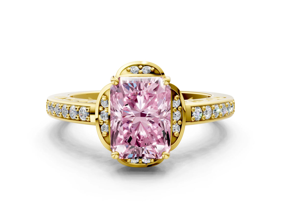 Yellow gold Fancy Pink Radiant  Cut Halo Diamond Ring with Channel Set Band and Four-Prong Setting_32