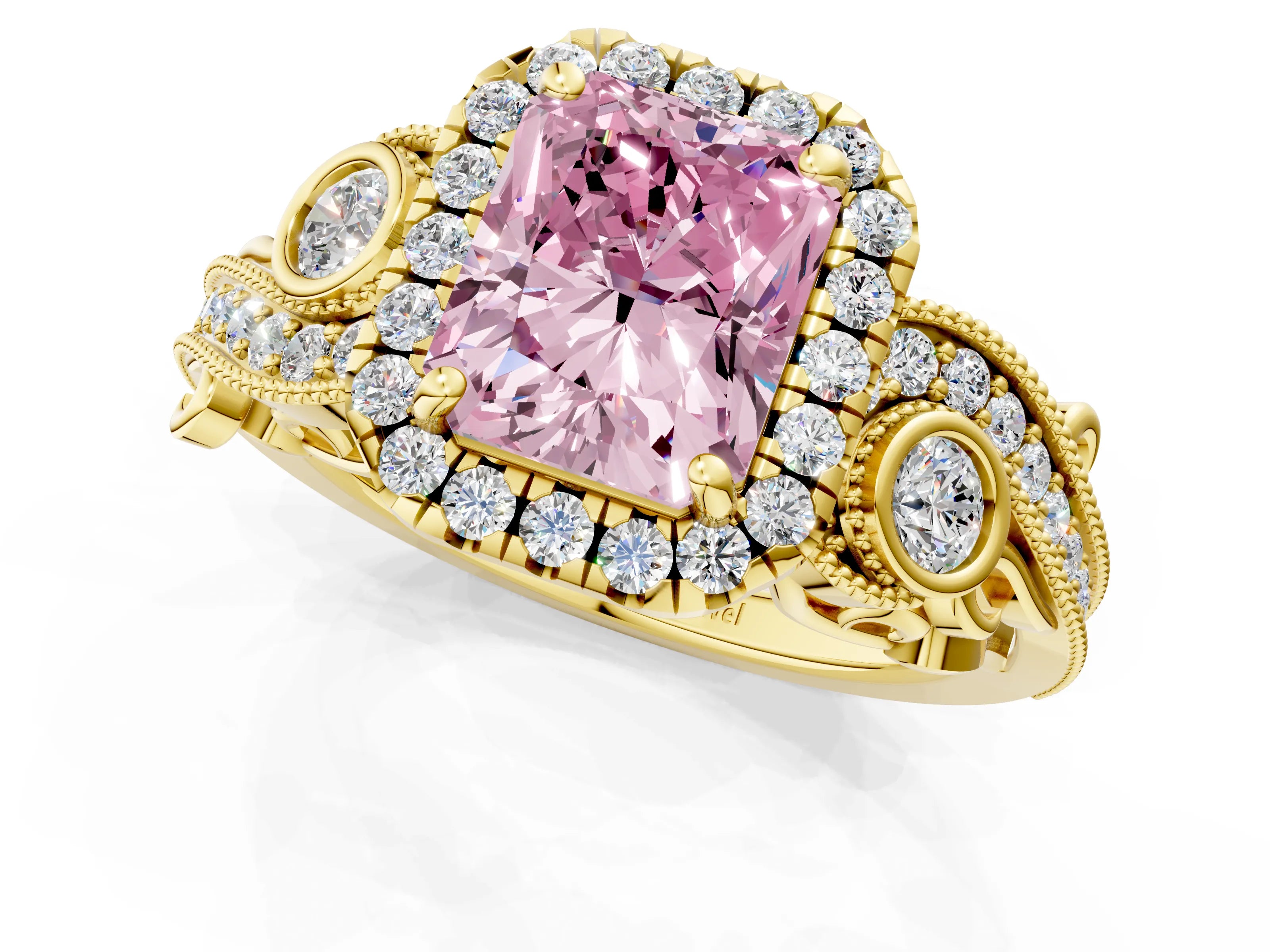 Yellow gold Fancy Pink Radiant Cut Halo Diamond Ring with Milgrain and Bezel Accents on a Split Shank Band_1