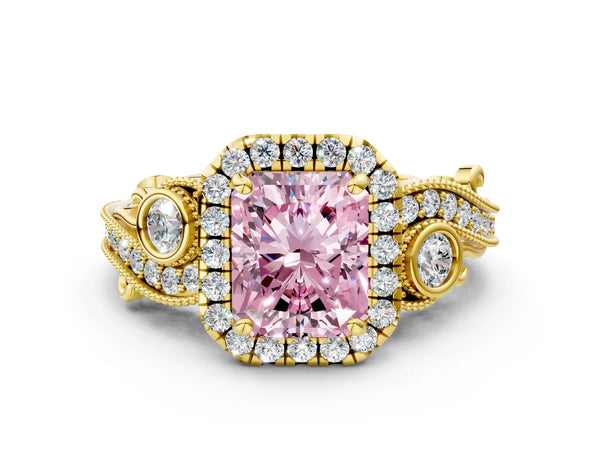 Yellow gold Fancy Pink Radiant Cut Halo Diamond Ring with Milgrain and Bezel Accents on a Split Shank Band