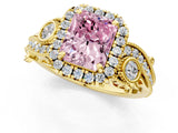 Yellow gold Fancy Pink Radiant Cut Halo Diamond Ring with Milgrain and Bezel Accents on a Split Shank Band_13