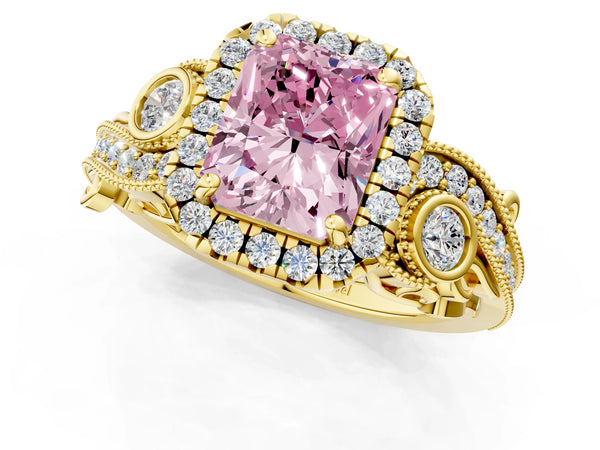 Yellow gold Fancy Pink Radiant Cut Halo Diamond Ring with Milgrain and Bezel Accents on a Split Shank Band