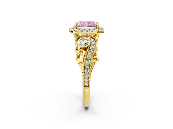 Yellow gold Fancy Pink Radiant Cut Halo Diamond Ring with Milgrain and Bezel Accents on a Split Shank Band
