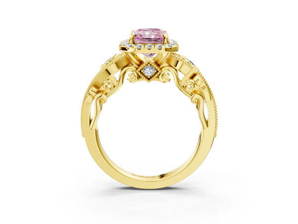 Yellow gold Fancy Pink Radiant Cut Halo Diamond Ring with Milgrain and Bezel Accents on a Split Shank Band