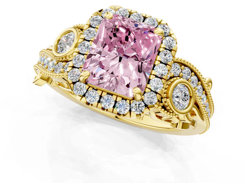 Yellow gold Fancy Pink Radiant Cut Halo Diamond Ring with Milgrain and Bezel Accents on a Split Shank Band_1
