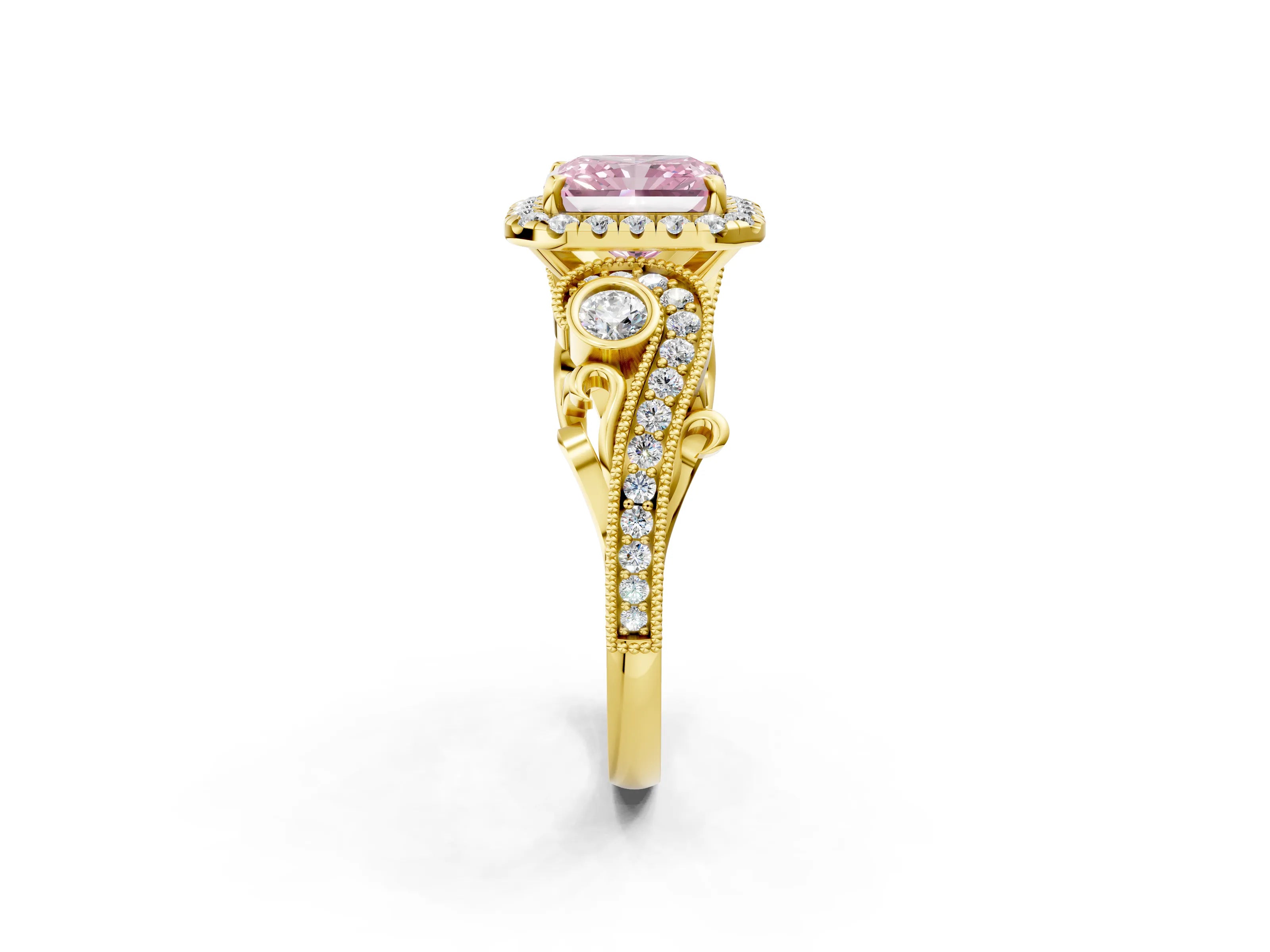 Yellow gold Fancy Pink Radiant Cut Halo Diamond Ring with Milgrain and Bezel Accents on a Split Shank Band_2