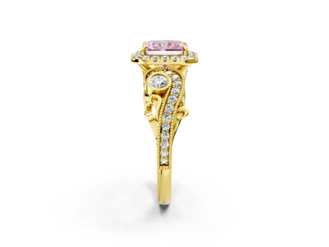 Yellow gold Fancy Pink Radiant Cut Halo Diamond Ring with Milgrain and Bezel Accents on a Split Shank Band_2