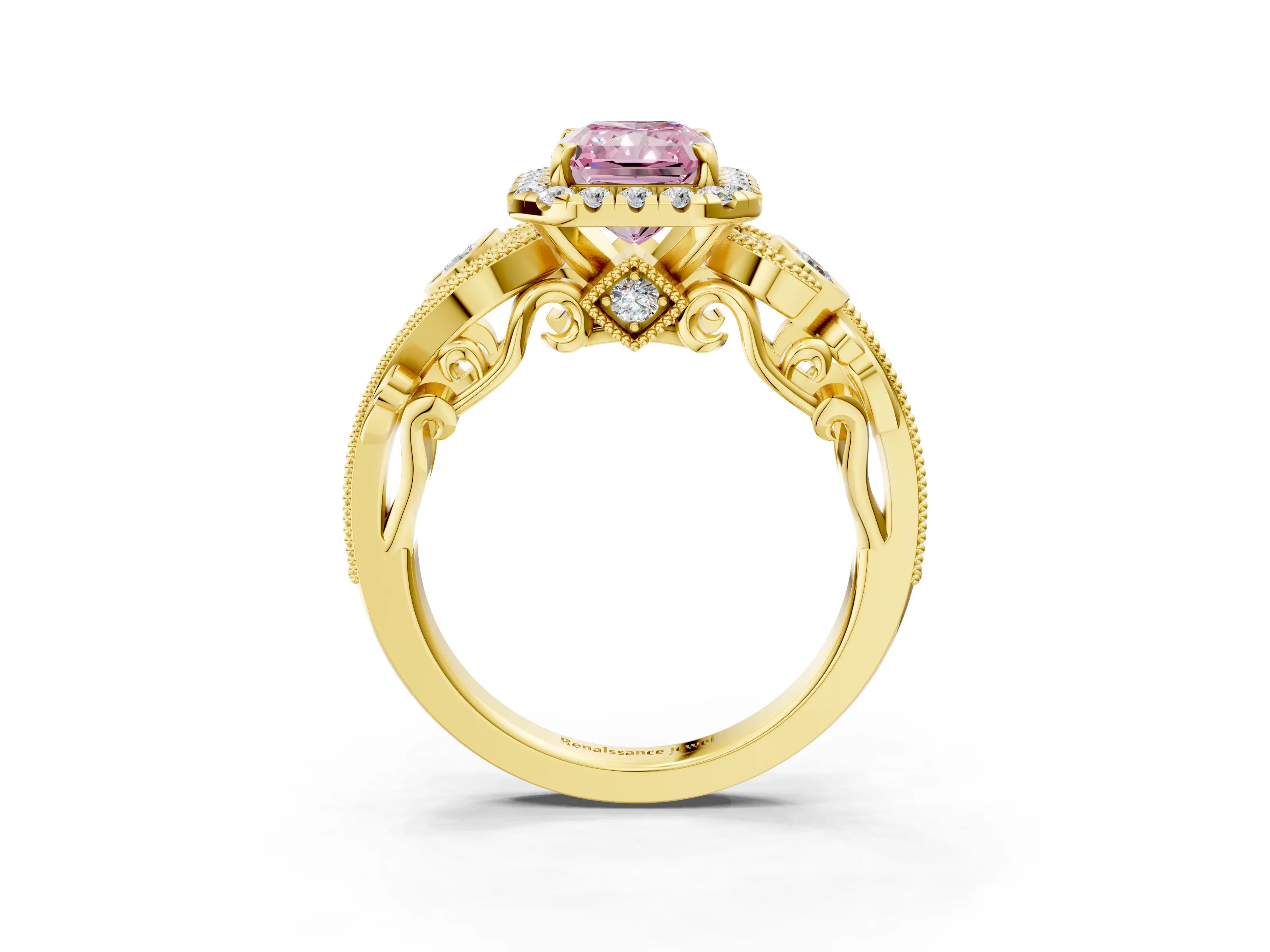 Yellow gold Fancy Pink Radiant Cut Halo Diamond Ring with Milgrain and Bezel Accents on a Split Shank Band_3
