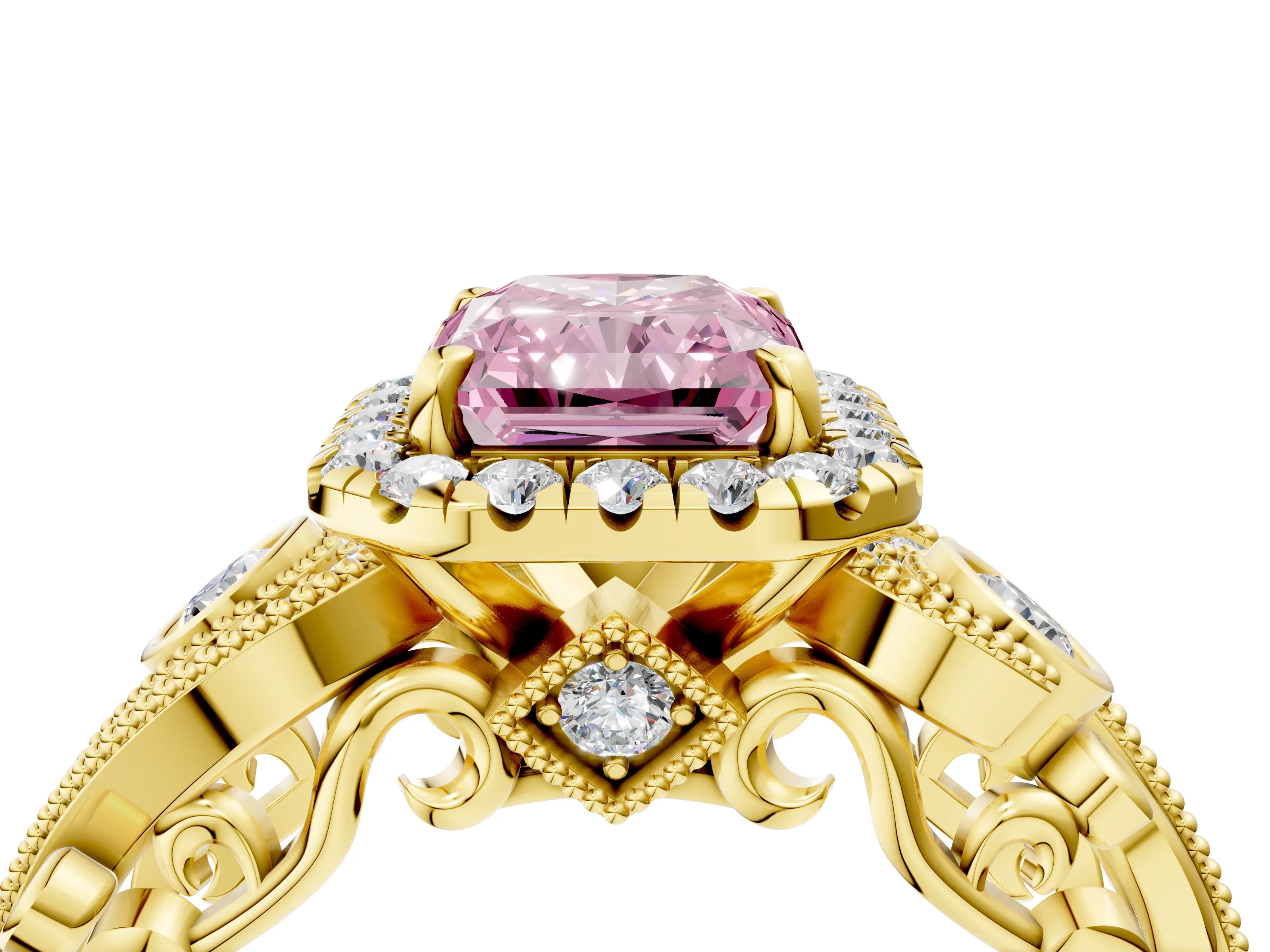 Yellow gold Fancy Pink Radiant Cut Halo Diamond Ring with Milgrain and Bezel Accents on a Split Shank Band_4