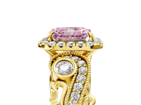 Yellow gold Fancy Pink Radiant Cut Halo Diamond Ring with Milgrain and Bezel Accents on a Split Shank Band_5