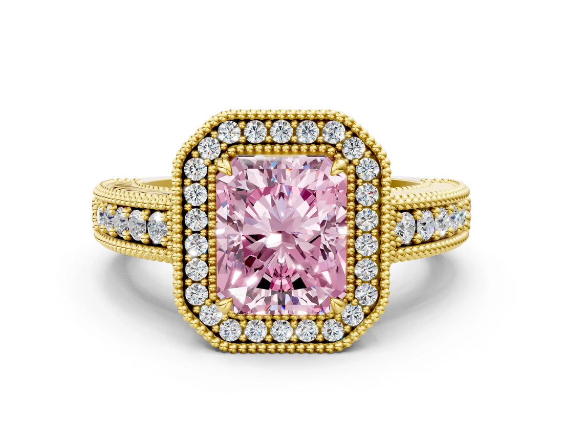 Yellow gold Fancy Pink Radiant  Cut Halo Diamond Ring with Pavé Band and Four-Prong Setting_52