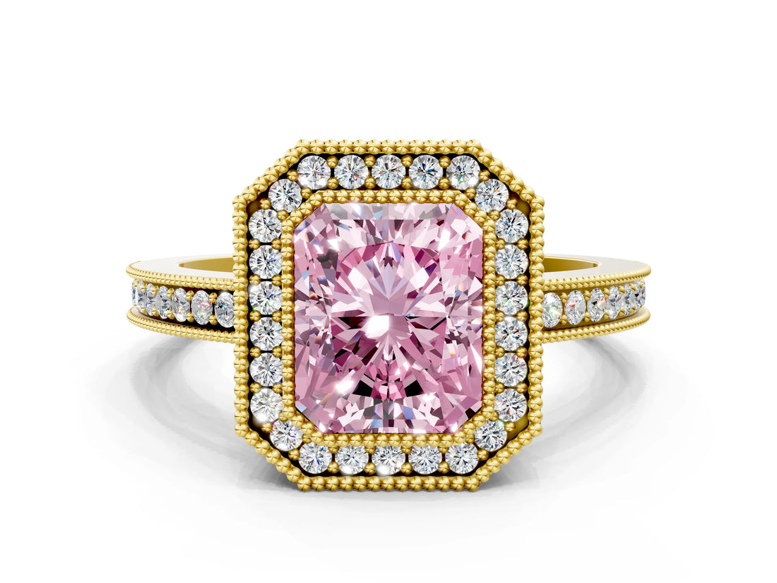 Yellow gold Fancy Pink Radiant  Cut Halo Diamond Ring with Pavé Band and Milgrain Prong Setting_33