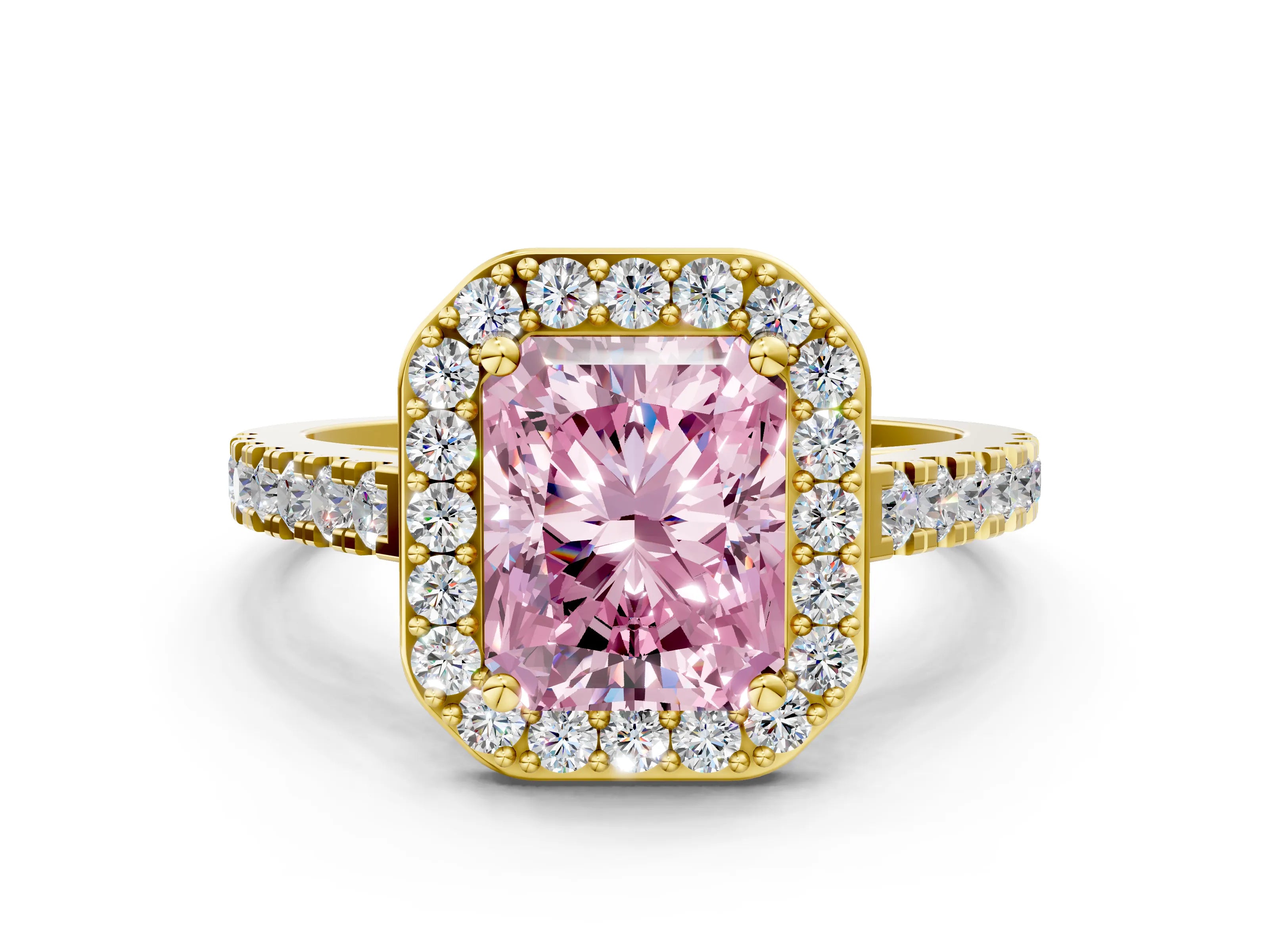Yellow gold Fancy Pink Radiant Cut Halo Diamond Ring with Pavé Band and Three-Prong Setting