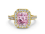 Yellow gold Fancy Pink Radiant Cut Halo Diamond Ring with Pavé Band and Three-Prong Setting