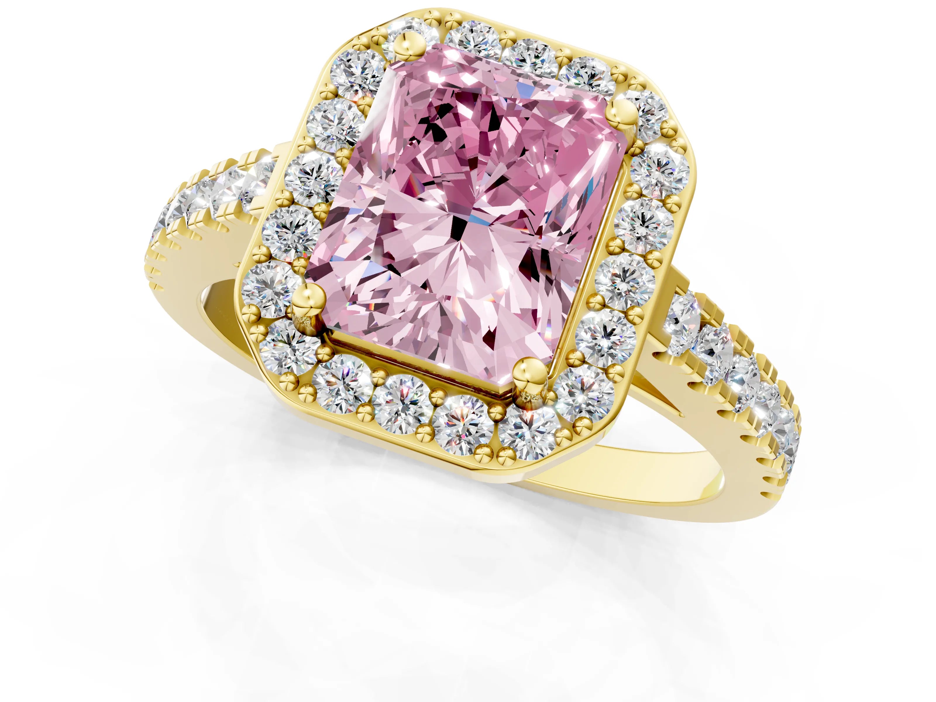 Yellow gold Fancy Pink Radiant Cut Halo Diamond Ring with Pavé Band and Three-Prong Setting_1