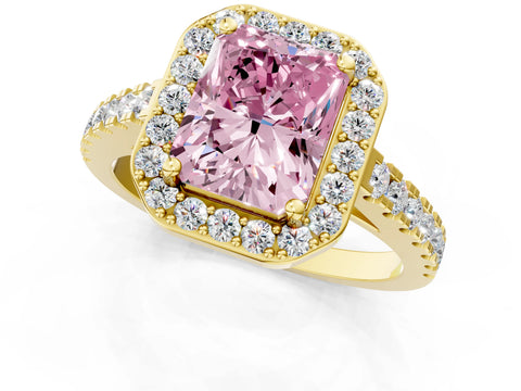 Yellow gold Fancy Pink Radiant Cut Halo Diamond Ring with Pavé Band and Three-Prong Setting_1