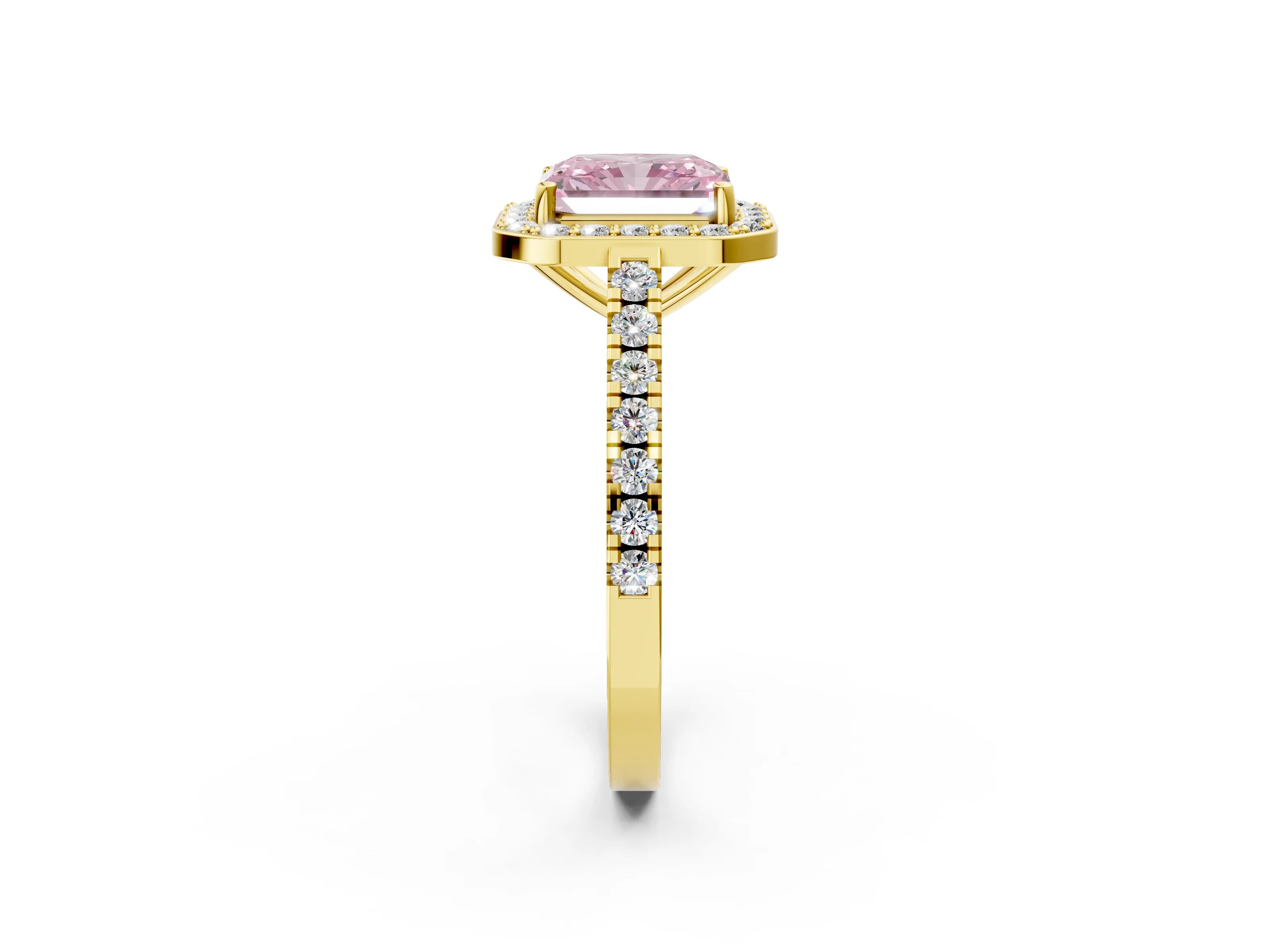 Yellow gold Fancy Pink Radiant Cut Halo Diamond Ring with Pavé Band and Three-Prong Setting_2