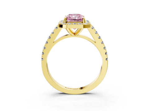 Yellow gold Fancy Pink Radiant Cut Halo Diamond Ring with Pavé Band and Three-Prong Setting_3