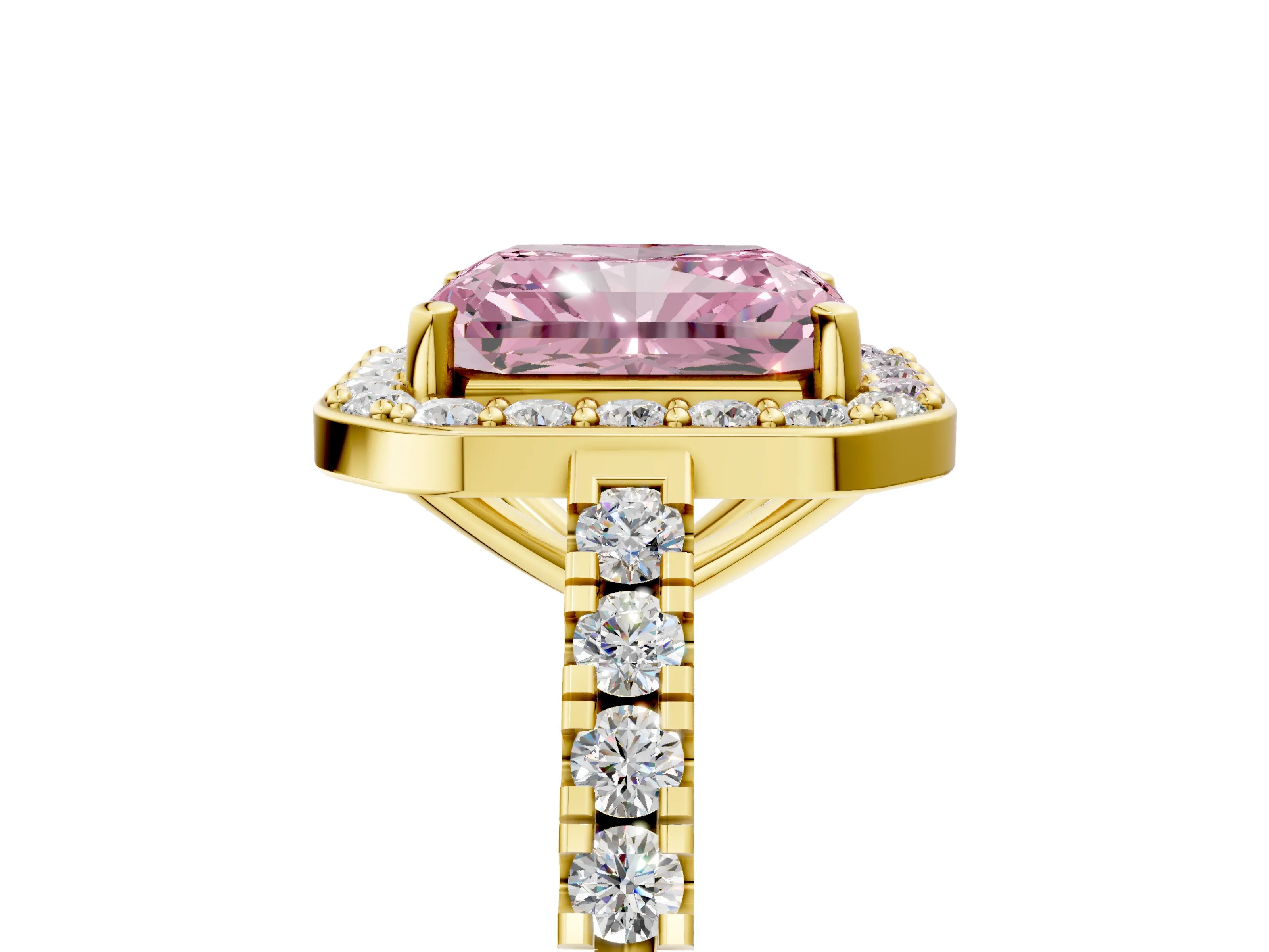 Yellow gold Fancy Pink Radiant Cut Halo Diamond Ring with Pavé Band and Three-Prong Setting_5