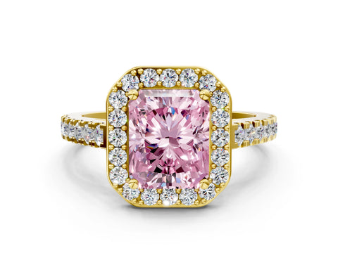 Yellow gold Fancy Pink Radiant Cut Halo Diamond Ring with Pavé Band and Three-Prong Setting