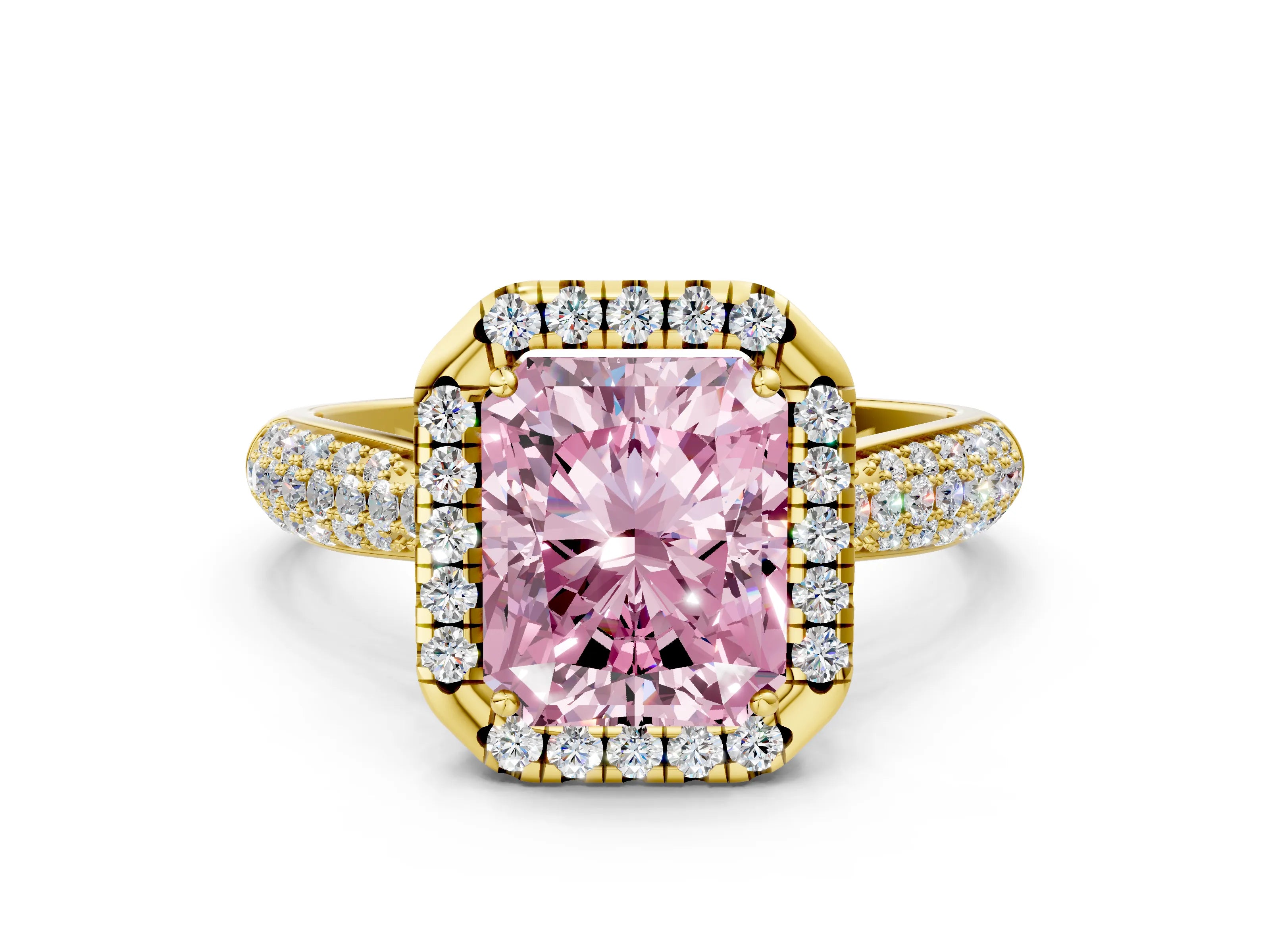 Yellow gold Fancy Pink Radiant Cut Halo Diamond Ring with Pavé Band