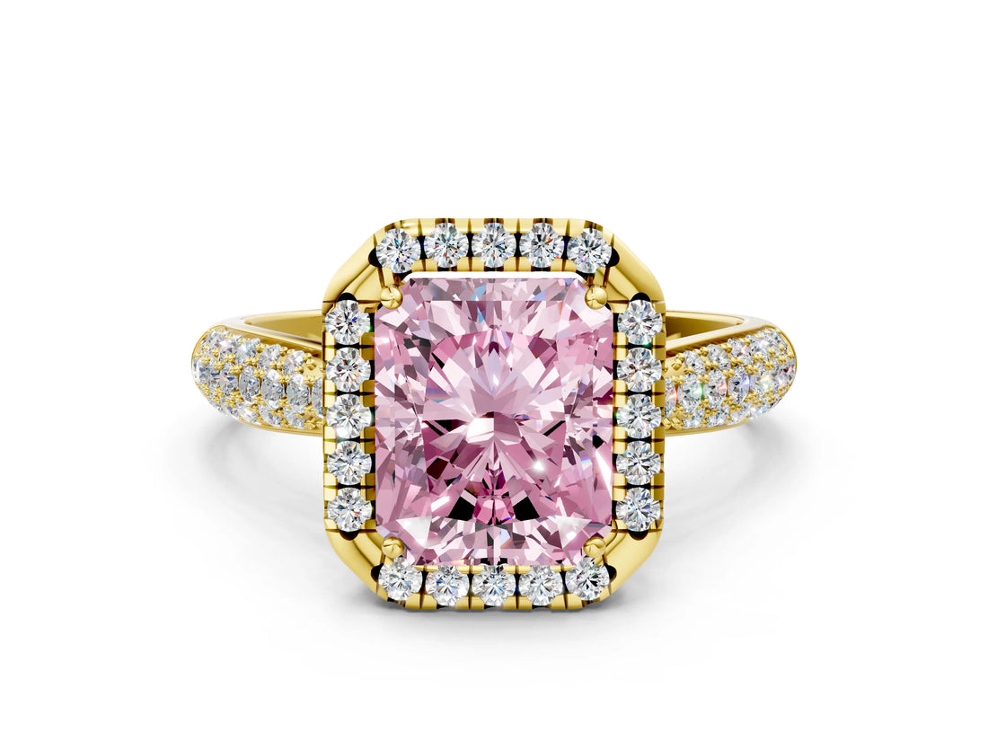 Yellow gold Fancy Pink Radiant Cut Halo Diamond Ring with Pavé Band