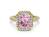 Yellow gold Fancy Pink Radiant Cut Halo Diamond Ring with Pavé Band